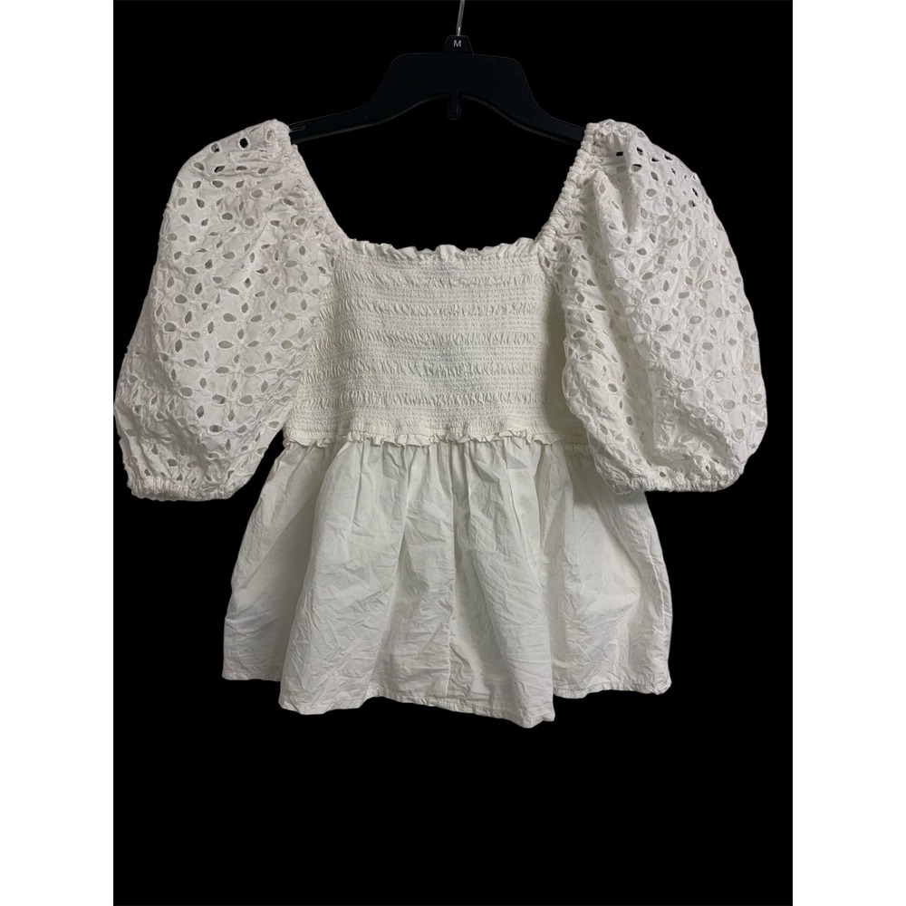 American Eagle White Eyelet Puff‎ Sleeve Smocked Peplum Top Small